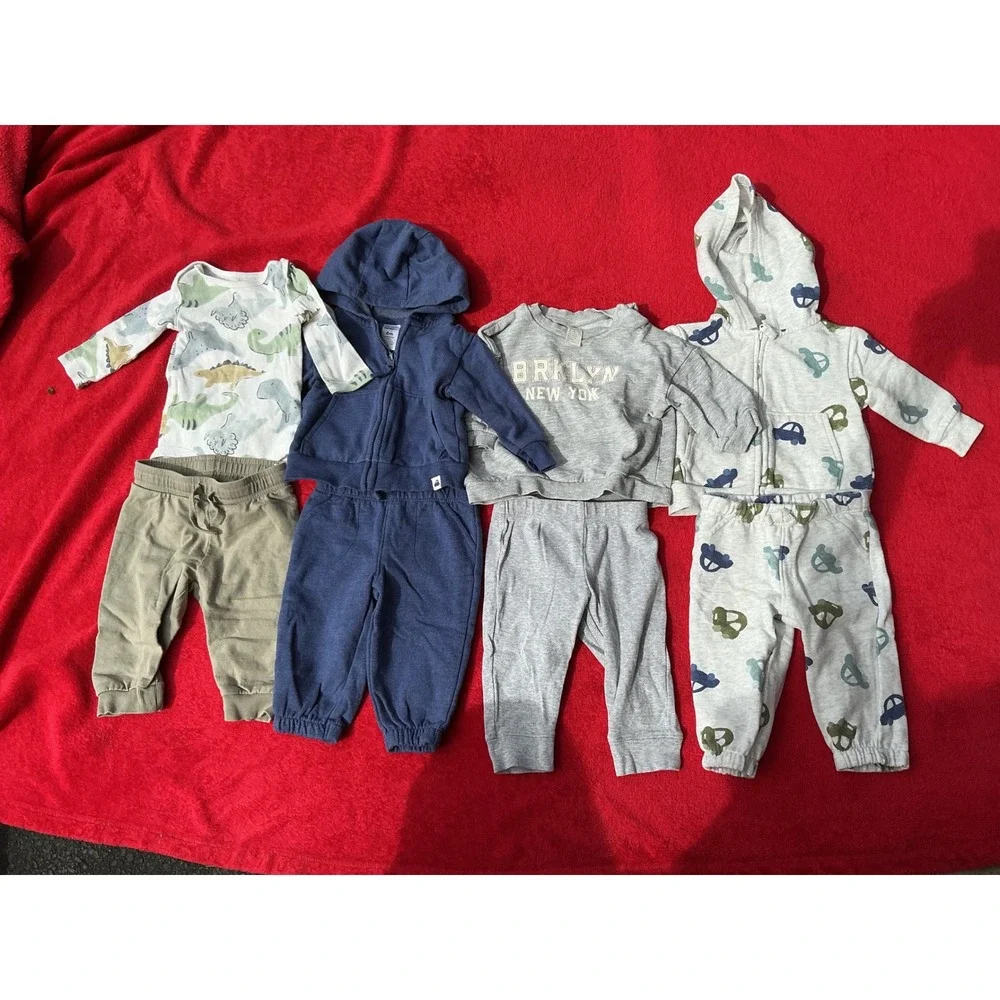 Carter's H&M Baby Boy Outfit Set Bundle 6M Blue Grey Dinosaur Car 7pc Good